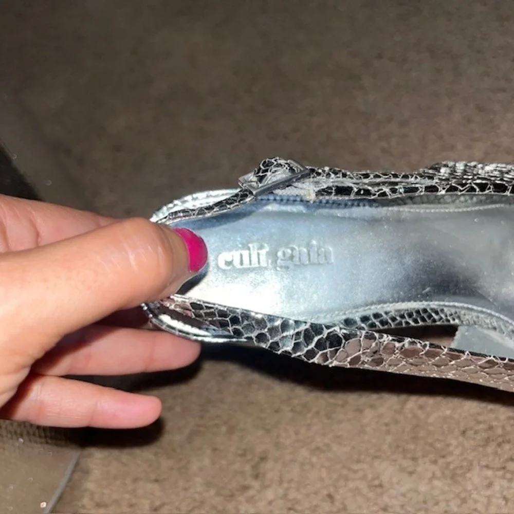 Cult Gaia Marisol Chunky Platform Heeled Sandal Silver Metallic Snake 42 12